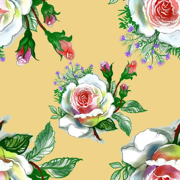 美しいバラの背景を持つ水彩画のシームレス パターン — ストック写真