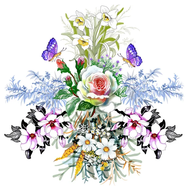 Красива Художня Ілюстрація Квітів Букет Ізольовано Білому — стокове фото