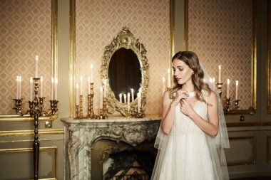 Çekici genç gelin gelinlik iç barok tarzı teşkil etmektedir. Romantik portre.