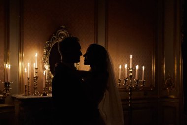  Romantik Çift, siluet, sevgili damat ve geline iç barok tarzı çift ortrait. Romantik portre
