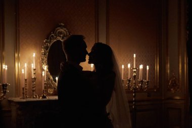  Romantik Çift, siluet, sevgili damat ve geline iç barok tarzı çift ortrait. Romantik portre