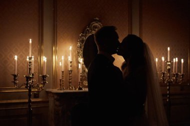  Romantik Çift, siluet, sevgili damat ve geline iç barok tarzı çift ortrait. Romantik portre