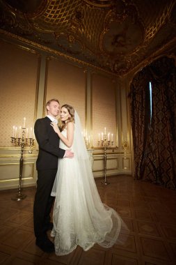 İki lüks bir iç barok tarzı içinde düğün birbirlerine sarılıyor. Beyaz elbiseli güzel model kız. Takım elbiseli adam. Güzellik gelinle damat. Kadın ve erkek portre. Dantel kadınla