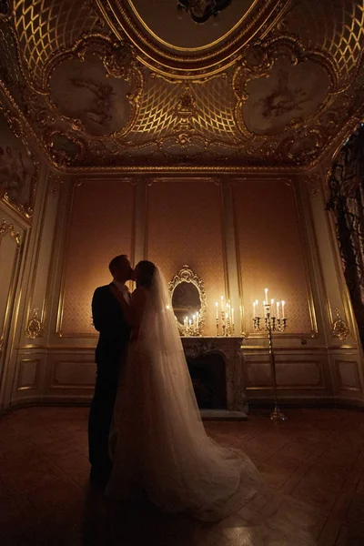 Retrato de una pareja romántica, silueta, pareja de amantes novio y novia en el interior en el estilo barroco. Retrato romántico — Foto de Stock