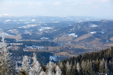 Güneş ışığıyla parlayan görkemli beyaz şeritler. Resimli ve muhteşem kış manzarası. Ukrayna, Avrupa 'daki Karpatlar Milli Parkı' nda. Alpler kayak merkezi. Mavi tonlama. Mutlu Yıllar Güzellik Dünyası.