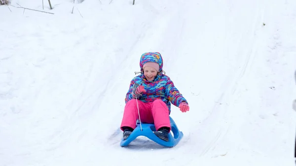 在雪地覆盖的雪橇小径上 一个快乐的女孩骑着雪橇下山 在一个阳光明媚的冬季山景中 — 图库照片