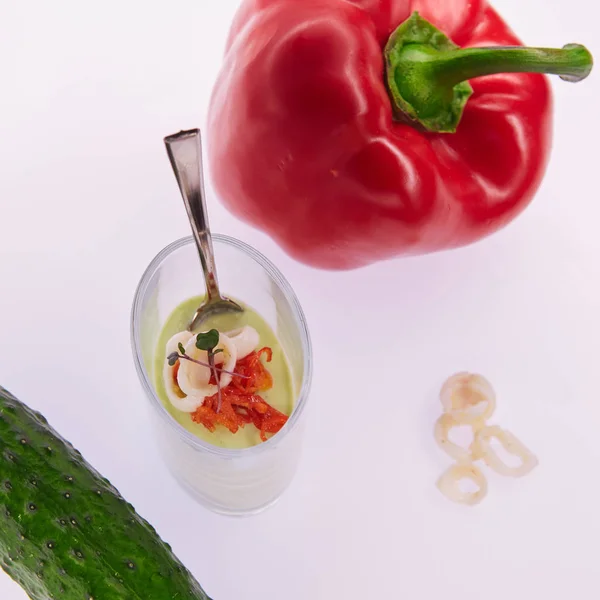 Appetizer in a glass. Puree from squid and vegetables. Healthy food. Top view — Stock Photo, Image