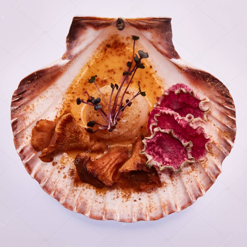 Appetizer of fried chanterelles in a shell