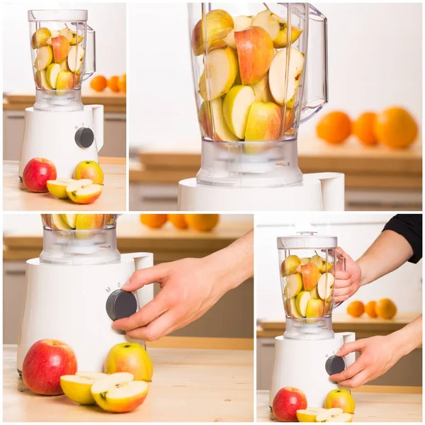 Joven cocinando batido de manzana en licuadora —  Fotos de Stock