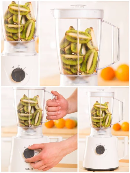 Young man cooking kiwi smoothie in blender — Stock Photo, Image