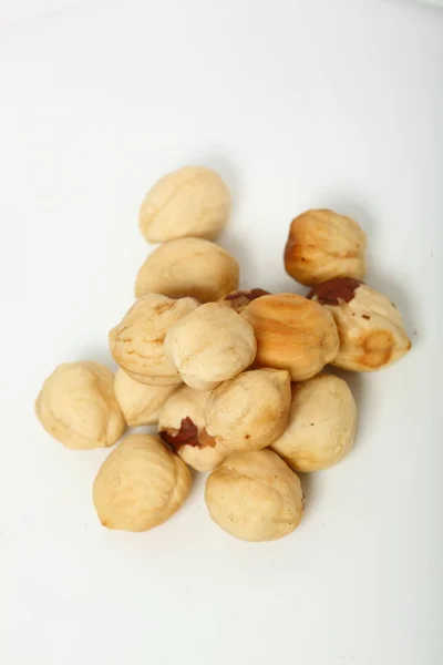 Handful Organic Shelled Hazelnuts White Background Shallow Dof — Stock Photo, Image