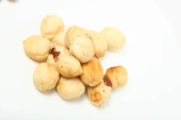Handful Organic Shelled Hazelnuts White Background Shallow Dof — Stock Photo, Image