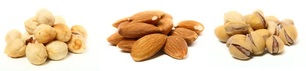 Conjunto Tres Tipos Nueces Tres Montones Nueces Pistachos Almendras Avellanas — Foto de Stock