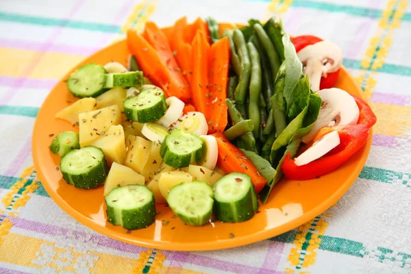 Salad Cucumbers Boiled Potato Asparagus Spices Carrots Mushrooms — Stock Photo, Image