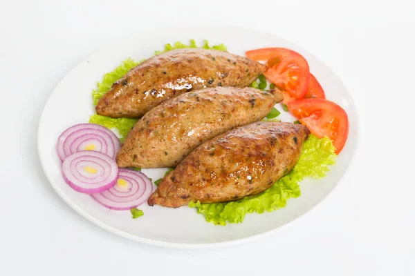 Three fried breaded cutlet with lettuce, tomatoes, cucumbers and onion on white background — Stock Photo, Image