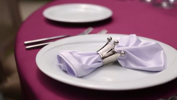 空杯子酒和水放在餐厅焦移的玻璃器皿的节日餐桌 餐桌装饰 — 图库视频影像