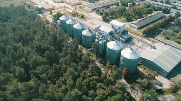 Landwirtschaftliche Silos. Außenanlagen, Lagerung und Trocknung von Getreide, Weizen, Mais, Soja, Sonnenblumen. — Stockvideo