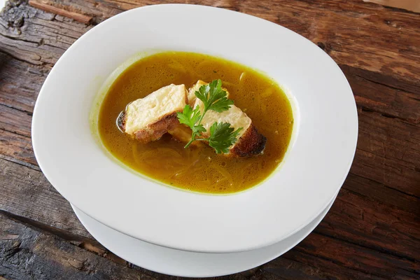 Sopa Cebolla Olla Cerámica Dof Poco Profundo — Foto de Stock