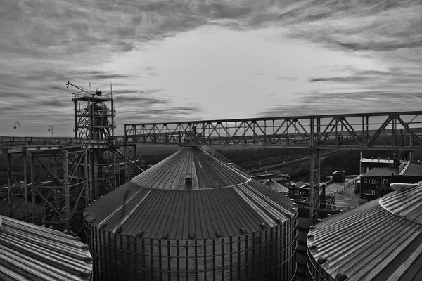 Silo de grãos e secador à noite com pilha de grãos . — Fotografia de Stock