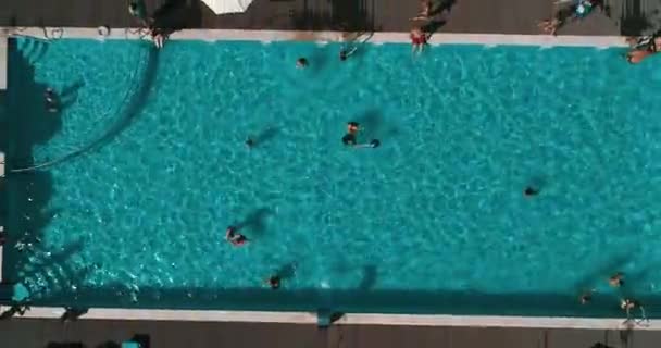 Vista aérea de la parte superior de la familia en la piscina desde arriba, madre feliz y niños nadan en donuts inflables del anillo y se divierten en el agua en vacaciones familiares . — Vídeos de Stock