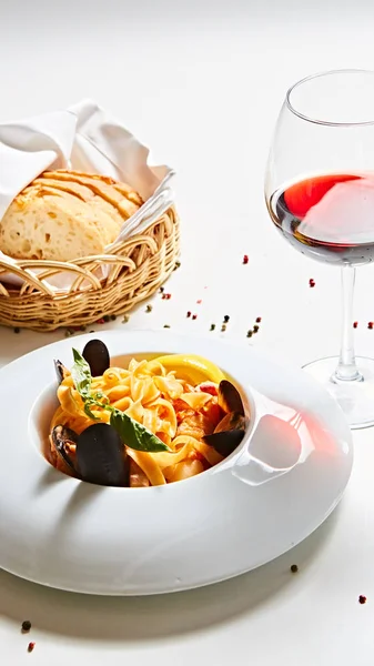 Los mejillones cocidos y pasta con copa de vino . — Foto de Stock