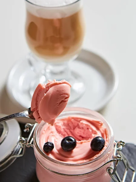 Fresh strawberry yoghurt dessert in glass, selective focus. — Stock Image Fresh strawberry yoghurt dessert in glass, selective focus. Royalty Free Stock Images