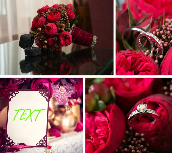 Düğün fotoğrafları kolaj. Gelin buketi, elbise, güzel dekorasyon, çiçek ve çiçek, töreni — Stok fotoğraf