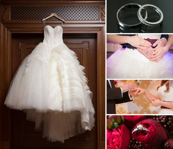 Коллаж свадебных фотографий. Свадебный букет, платье, красивые украшения, цветы и цветочные, церемония — стоковое фото