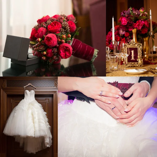 Коллаж свадебных фотографий. Свадебный букет, платье, красивые украшения, цветы и цветочные, церемония — стоковое фото