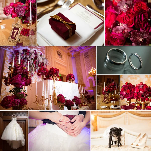 結婚式の写真のコラージュ。ブライダル ブーケ、ドレス、美しい装飾、花、花、式典 — ストック写真