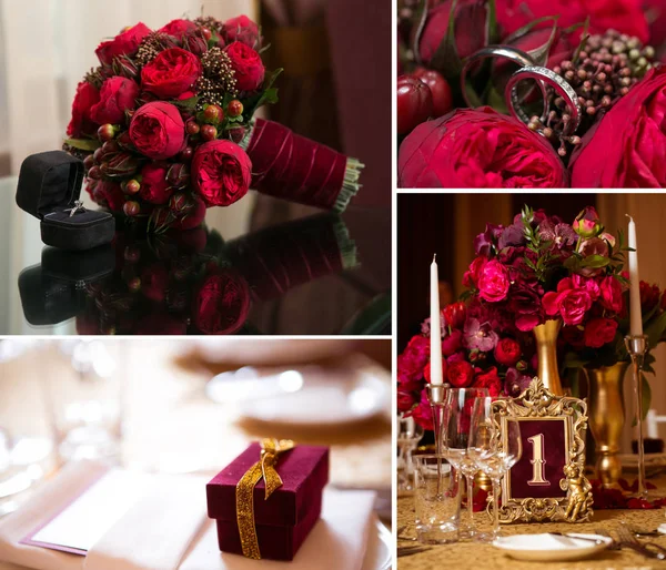 Collage van huwelijksfoto's. Bruids boeket, jurk, prachtige decoratie, bloemen en bloemen, ceremonie — Stockfoto