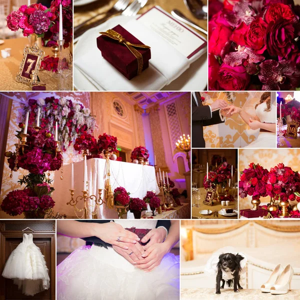 結婚式の写真のコラージュ。ブライダル ブーケ、ドレス、美しい装飾、花、花、式典 — ストック写真