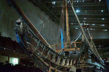 Stockholm, Swden - Novemer 6, 2018. Vasa Müze Stockholm'de Vasa gemisinin ziyaret. Ayrıntılar ve geminin dış