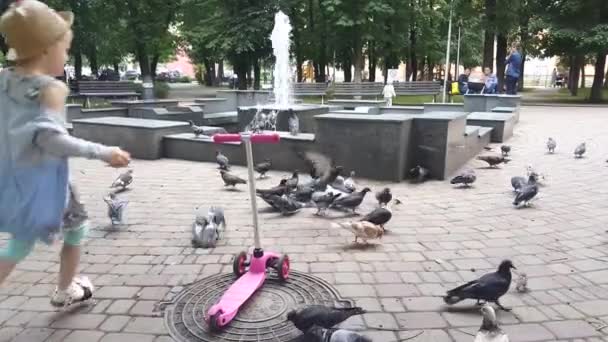 Little child scares pigeons in the park in spring.