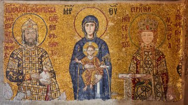 Mosaic of Virgin Mary and Jesus Christ and other Saints in the Hagia Sofia church, Istanbul, Turkey. clipart