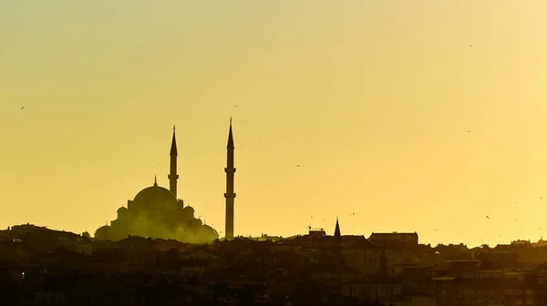 Silhuetten av en moskén Fatih i en dimma och solljus reflektioner. Vintage stil. — Stockfoto