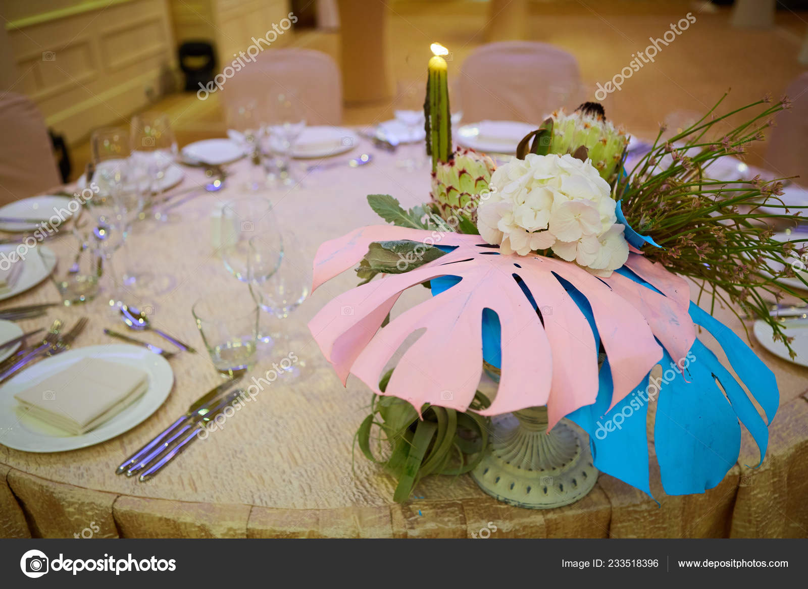 The Luxury Wedding Reception Dinner Table Setup Stock Photo