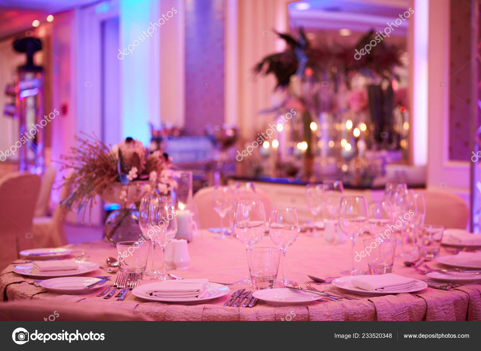 The Luxury Wedding Reception Dinner Table Setup Stock Photo