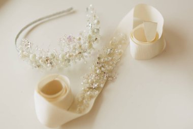 The composition of beautiful wedding accessories bride. Shallow dof clipart