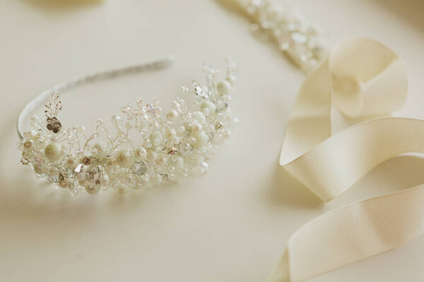 The composition of beautiful wedding accessories bride. Shallow dof