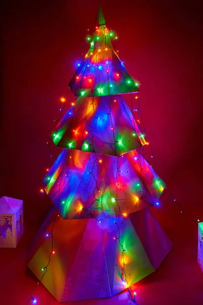 Cardboard Christmas Tree with Multi Colored Lights at Night — Stock Photo, Image