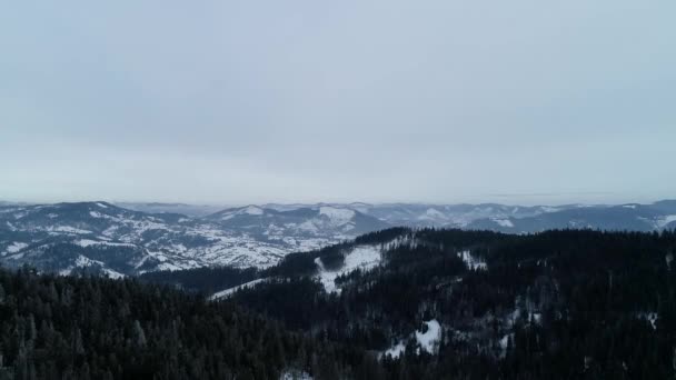 VISTA AERIAL. Paisagem rural nas montanhas no inverno. Casas cobertas de neve na floresta a partir de uma visão de olhos de pássaros. Aldeia dos Cárpatos na neve de uma altura. Voo sobre as montanhas e aldeia . — Vídeo de Stock