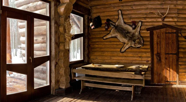 Country stílusú belső terek vadász faházban, a kandalló — Stock Fotó