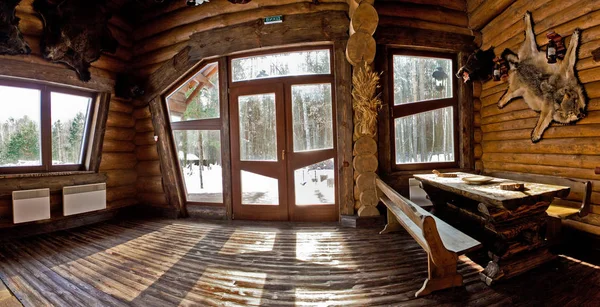 Country style interior in hunter chalet with fireplace — Stock Photo, Image