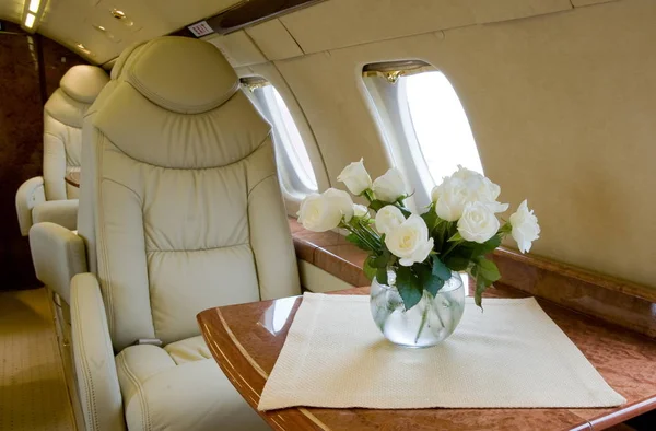 Luxe interieur in heldere kleuren van echt leer in de business jet — Stockfoto