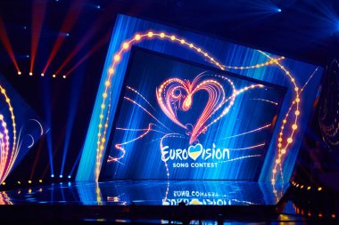 Kiev, Ukrayna - 23 Şubat 2017: Logo Eurovision 2017 Ulusal seçim sırasında Eurovision-2017