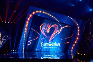 Kiev, Ukrayna - 23 Şubat 2019: Logo Eurovision 2019 Ulusal seçim sırasında Eurovision-2019