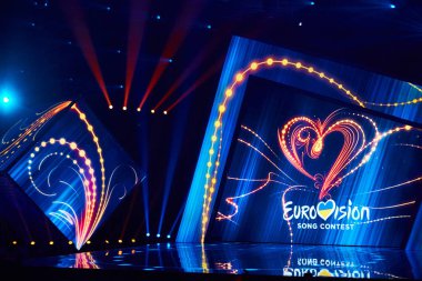 Kiev, Ukrayna - 23 Şubat 2019: Logo Eurovision 2019 Ulusal seçim sırasında Eurovision-2019