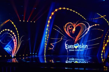 Kiev, Ukrayna - 23 Şubat 2019: Logo Eurovision 2019 Ulusal seçim sırasında Eurovision-2019