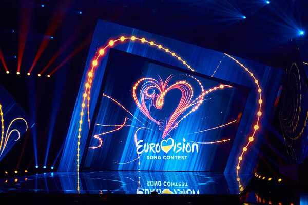 KYIV, UKRAINE - FEBRUARY 23, 2017: Logo Eurovision 2017 national selection during the Eurovision-2017